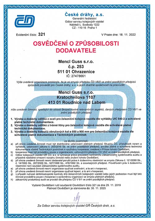 Osvědčení Českých drah, a.s. o způsobilosti dodavatele k výrobě odlitků z oceli a tvárné litiny